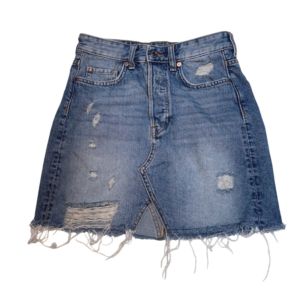 HM &Denim Womens High Waisted Distressed Mini Skirt Blue Frayed Hem Size 4